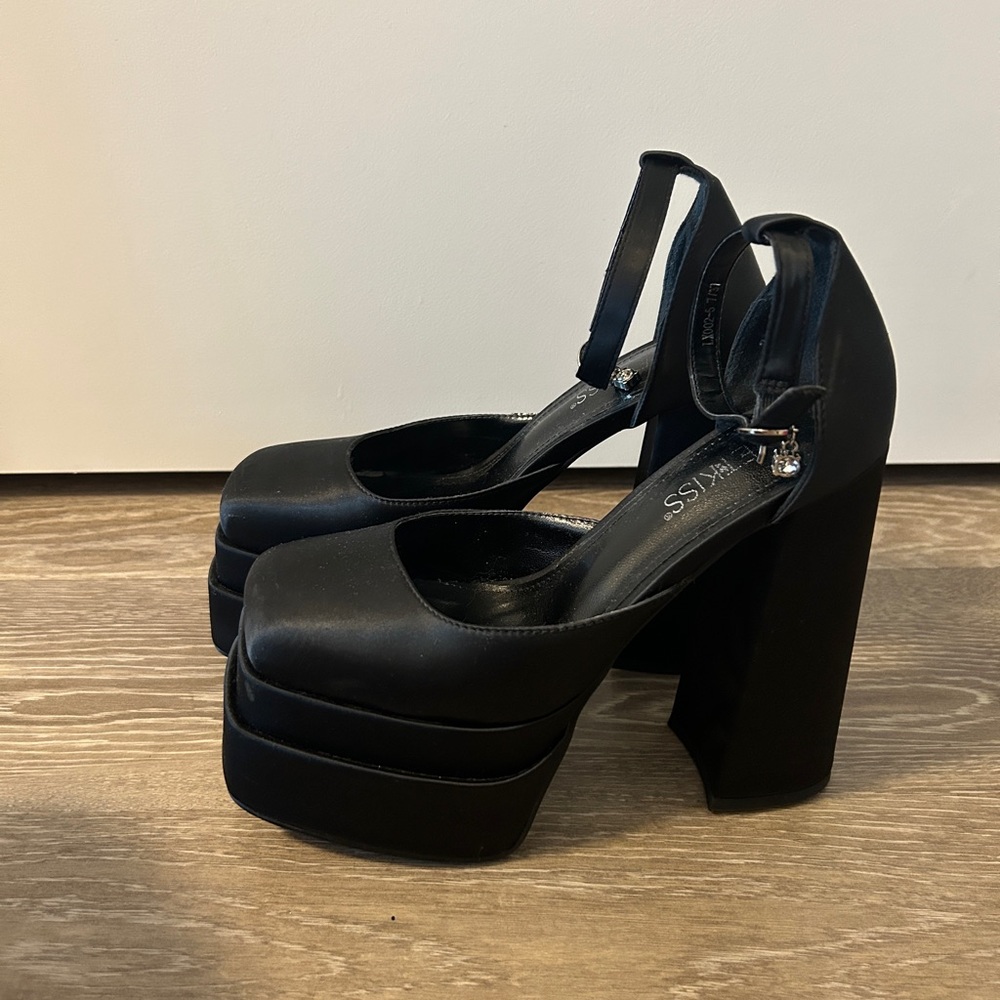 Black satin platform heels Versace dupes